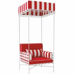 Casa Padrino Luxus Schmiedeeisen Sessel mit Sonnendach Rot / Weiß H. 200 cm