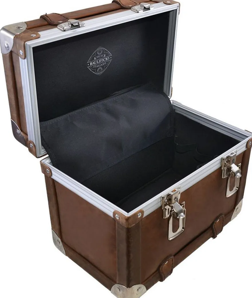Casa Padrino Luxus Schminkkoffer Vintage Braun / Silber 33 x 21 x H. 28,5 cm - Handgefertigte wasserdichte Echtleder Schminktasche im Retro Design - Luxus Qualität