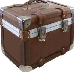 Casa Padrino Luxus Schminkkoffer Vintage Braun / Silber 33 x 21 x H. 28,5 cm - Handgefertigte wasserdichte Echtleder Schminktasche im Retro Design - Luxus Qualität