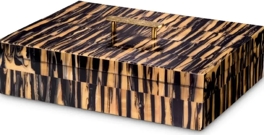 Casa Padrino Luxus Schmuckkasten Naturfarben / Schwarz / Messing 41 cm