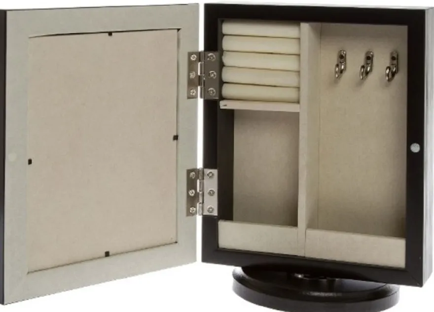 Casa Padrino Luxus Schmuckschrank Schwarz / Cremefarben / Silber 20 x 15 x H. 27 cm - Kleiner Schmuckschrank mit Fotorahmen Spiegeltür und drehbarem Standfuß