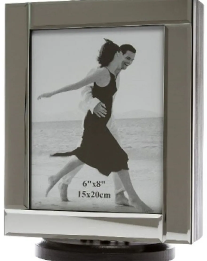 Casa Padrino Luxus Schmuckschrank Schwarz / Cremefarben / Silber 20 x 15 x H. 27 cm - Kleiner Schmuckschrank mit Fotorahmen Spiegeltür und drehbarem Standfuß