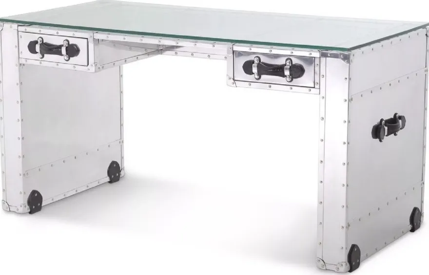 Casa Padrino Luxus Schreibtisch im Koffer Design Silber / Schwarz 150 x 72 x H. 76 cm - Aluminium Bürotisch mit Glasplatte - Aluminium Möbel - Büro Möbel - Luxus Möbel - Luxus Einrichtung