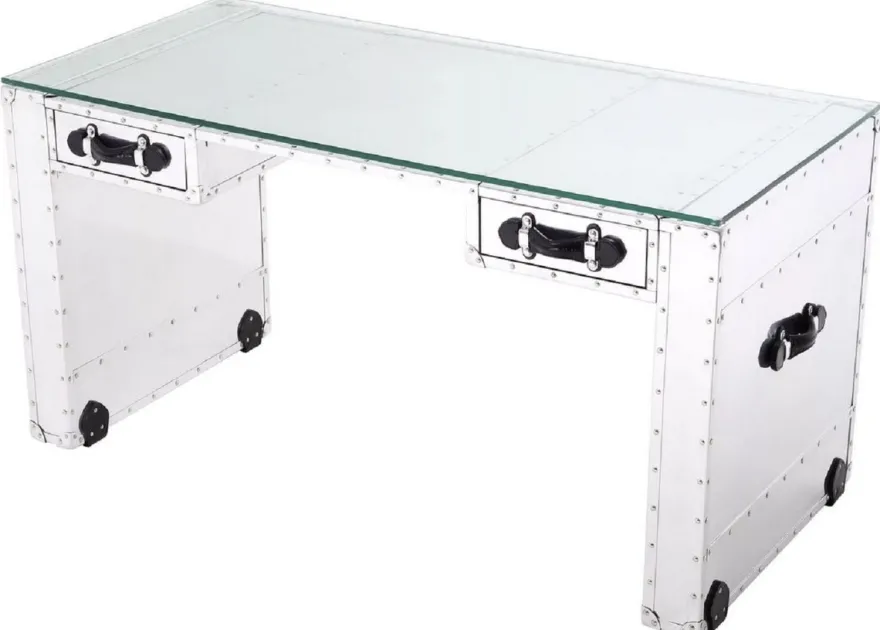 Casa Padrino Luxus Schreibtisch im Koffer Design Silber / Schwarz 150 x 72 x H. 76 cm - Aluminium Bürotisch mit Glasplatte - Aluminium Möbel - Büro Möbel - Luxus Möbel - Luxus Einrichtung