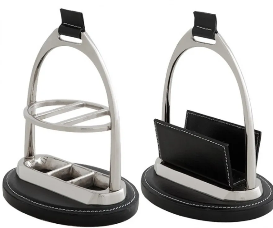 Casa Padrino Luxus Schreibtisch Set Briefständer und Kugelschreiber Ständer aus Echtleder in Schwarz, 17 x 12 x 20 cm