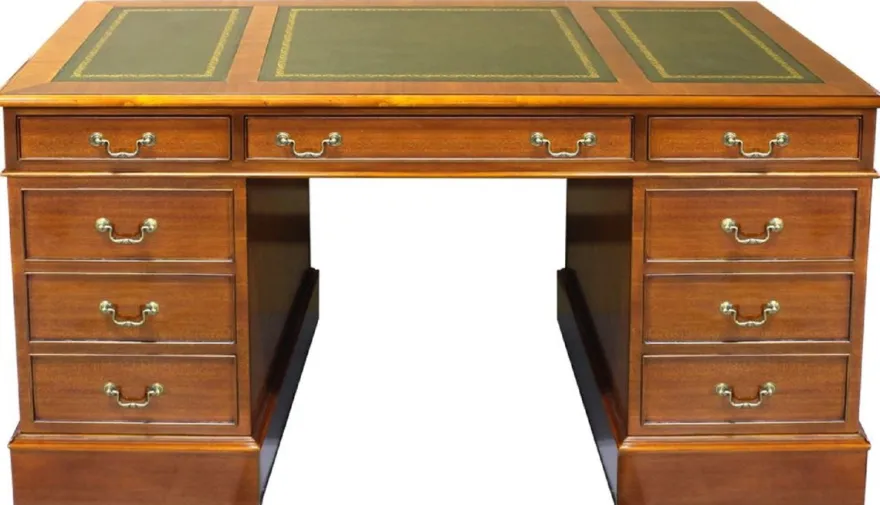 Casa Padrino Luxus Schreibtisch Hellbraun / Grün / Gold 140 x 70 x H. 78 cm - Massivholz Bürotisch im englischen Stil - Luxus Büro Möbel