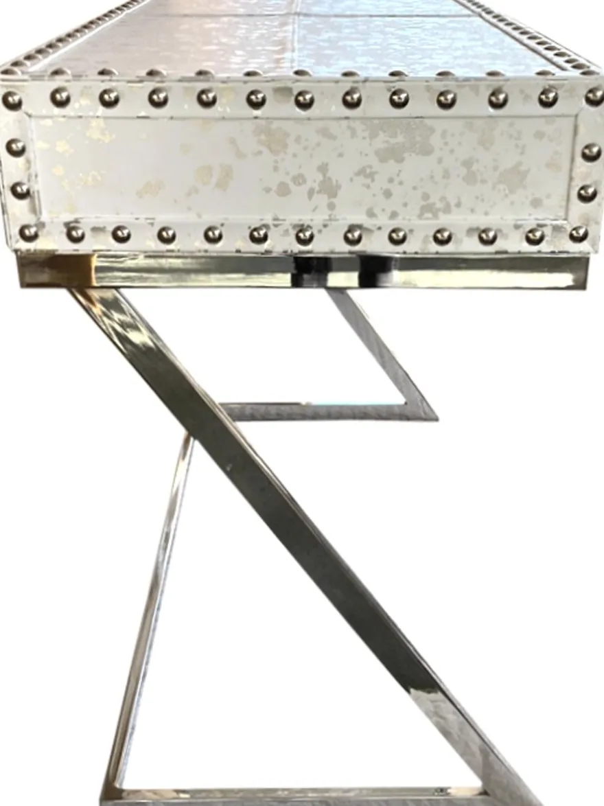 Casa Padrino Luxus Schreibtisch mit 2 Schubladen Weiß / Silber 110 x 50 x H75 Leder / Metall - Sekretär
