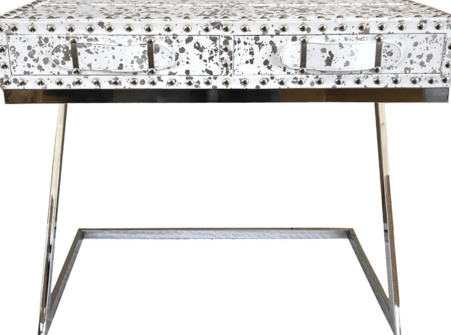 Casa Padrino Luxus Schreibtisch mit 2 Schubladen Weiß / Silber 110 x 50 x H75 Leder / Metall - Sekretär