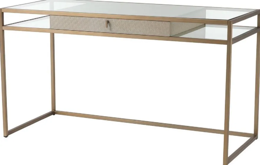 Casa Padrino Luxus Schreibtisch Creme / Messing 135 x 60 x H. 75,5 cm - Bürotisch mit Schublade - Luxus Büromöbel - Luxus Qualität