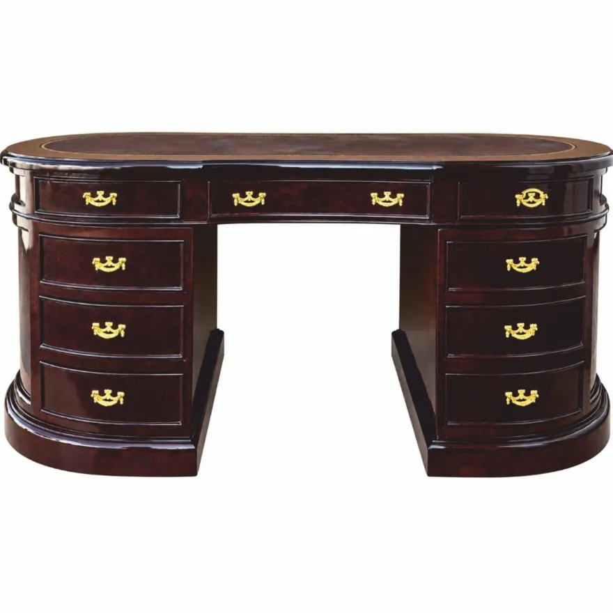Casa Padrino Luxus Schreibtisch mit 9 Schubladen Dunkelbraun / Braun / Gold 180 cm - Ovaler Massivholz Bürotisch - Luxus Büro Möbel