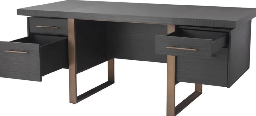 Casa Padrino Luxus Schreibtisch Anthrazitgrau / Bronzefarben 180 x 80 x H. 76 cm - Eleganter Massivholz Schreibtisch mit 4 Schubladen - Luxus Büro Möbel