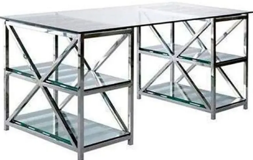 Casa Padrino Luxus Schreibtisch Silber 175 x 79 x H. 76 cm - Metall Bürotisch mit Glasplatten - Computertisch - Luxus Büro Möbel