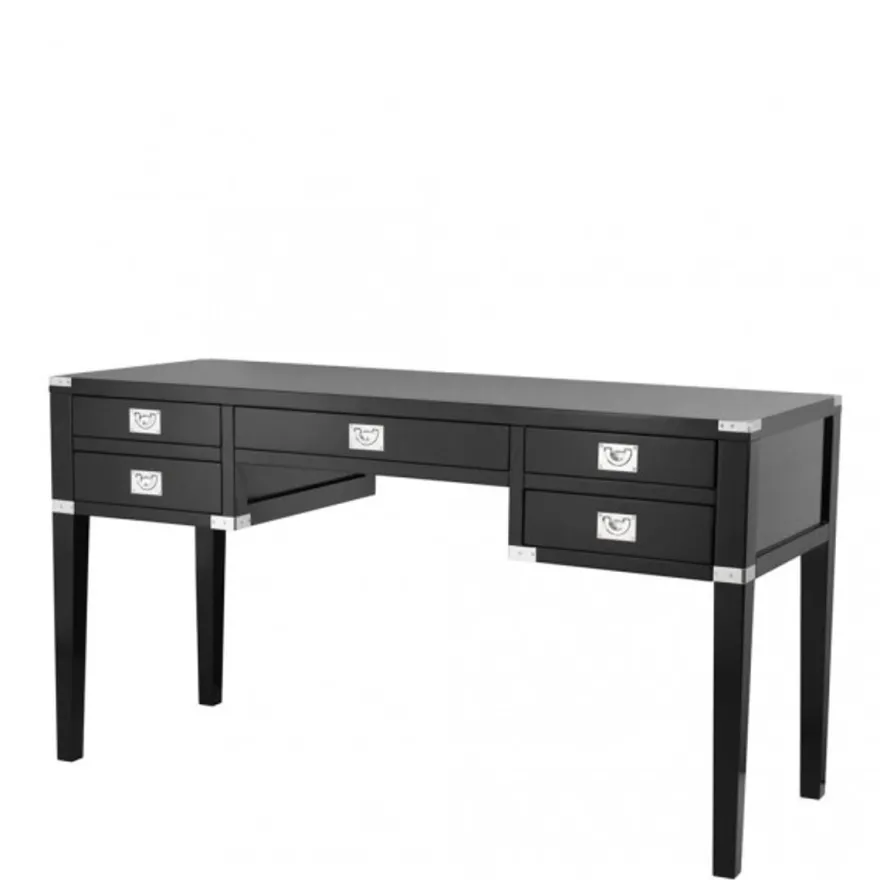 Casa Padrino Luxus Sekretär aus massivem Birkenholz in Schwarz und Nickel, 143,5 x 55 x H. 78 cm