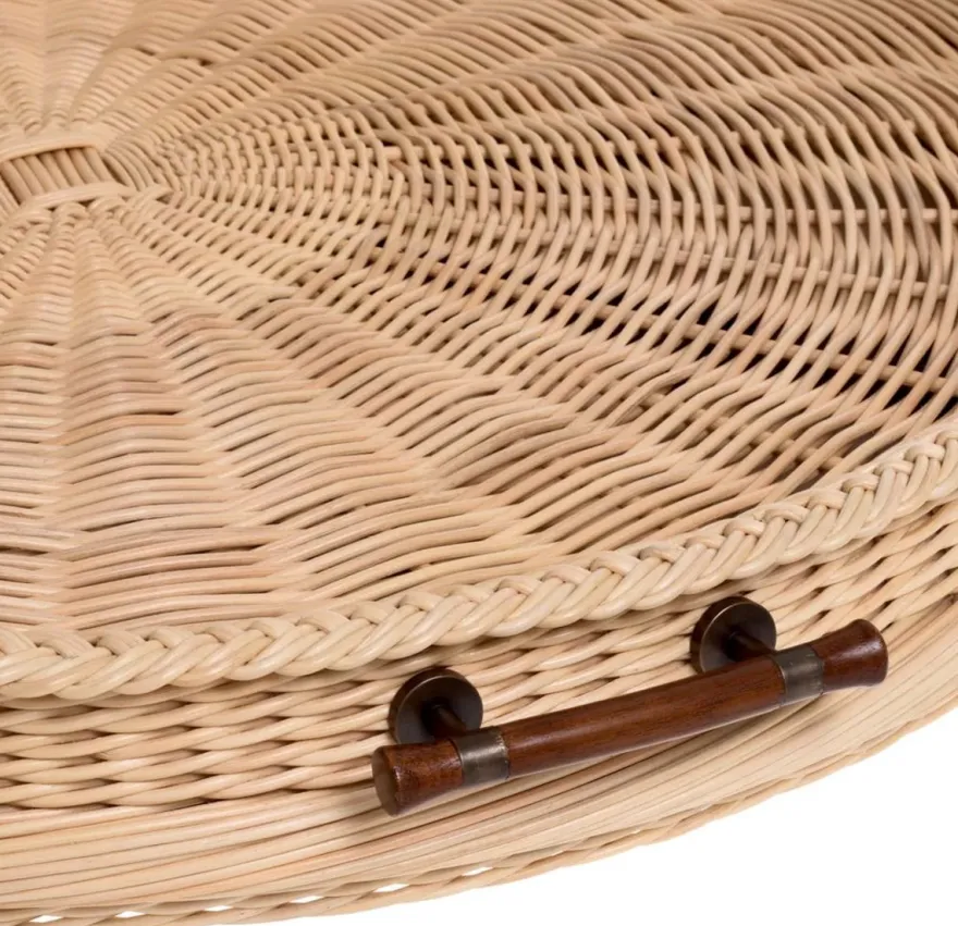Casa Padrino Luxus Serviertablett Naturfarben / Braun Ø 83 x H. 9 cm - Rundes Rattan Tablett mit 2 Tragegriffen - Gastronomie & Restaurant Accessoires - Luxus Accessoires