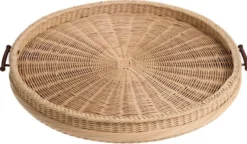 Casa Padrino Luxus Serviertablett Naturfarben / Braun Ø 83 x H. 9 cm - Rundes Rattan Tablett mit 2 Tragegriffen - Gastronomie & Restaurant Accessoires - Luxus Accessoires