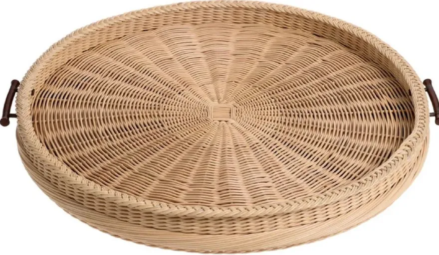 Casa Padrino Luxus Serviertablett Naturfarben / Braun Ø 83 x H. 9 cm - Rundes Rattan Tablett mit 2 Tragegriffen - Gastronomie & Restaurant Accessoires - Luxus Accessoires