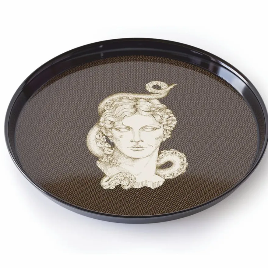 Casa Padrino Luxus Serviertablett Schwarz / Gold / Weiß / Braun Ø 40 cm - Rundes Metall Tablett - Gastronomie Accessoires - Handbemalt in Italien