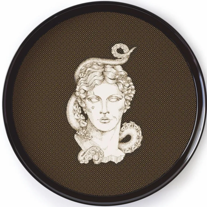Casa Padrino Luxus Serviertablett Schwarz / Gold / Weiß / Braun Ø 40 cm - Rundes Metall Tablett - Gastronomie Accessoires - Handbemalt in Italien