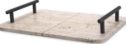 Casa Padrino Luxus Serviertablett Beige / Bronze 48 x 34 x H. 8 cm - Rechteckiges Travertin Naturstein Tablett mit Tragegriffen - Gastronomie & Restaurant Accessoires - Luxus Accessoires