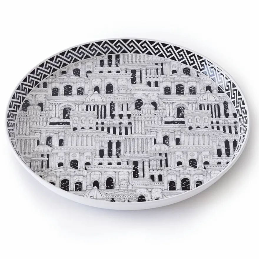Casa Padrino Luxus Serviertablett Weiß / Schwarz Ø 40 cm - Rundes Metall Tablett - Gastronomie Accessoires - Handbemalt in Italien