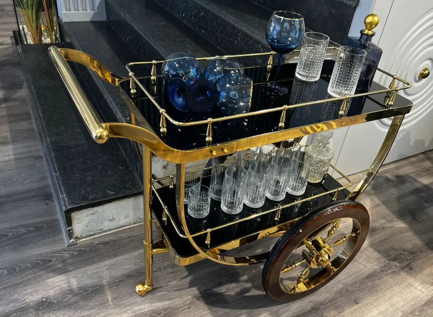 Casa Padrino Luxus Servierwagen Gold / Braun / Schwarz 98 x 48 x H. 85 cm - Edelstahl Trolley mit Glasplatten - Hotel Restaurant Gastronomie Trolley - Hotel & Restaurant Accessoires