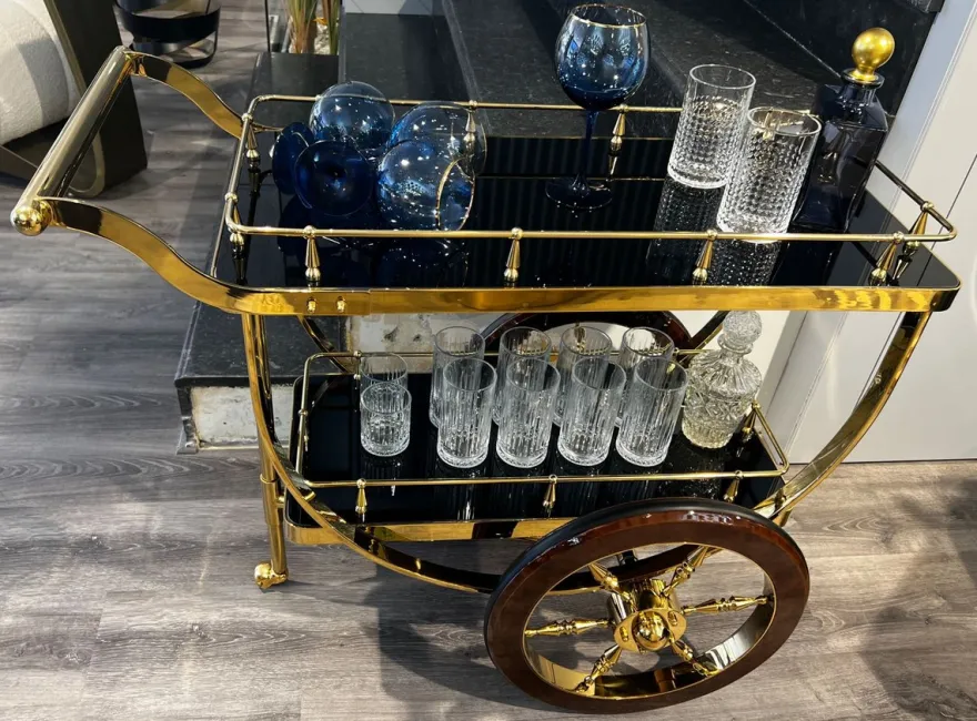 Casa Padrino Luxus Servierwagen Gold / Braun / Schwarz 98 x 48 x H. 85 cm - Edelstahl Trolley mit Glasplatten - Hotel Restaurant Gastronomie Trolley - Hotel & Restaurant Accessoires