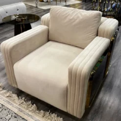 Casa Padrino Luxus Sessel Creme / Braun / Gold 90 x 100 x H. 70 cm - Wohnzimmer Sessel - Hotel Sessel - Wohnzimmer Möbel - Hotel Möbel - Luxus Möbel - Wohnzimmer Einrichtung - Luxus Einrichtung