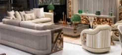 Casa Padrino Luxus Sessel Creme / Braun / Grau / Gold - Wohnzimmer Sessel - Hotel Sessel - Wohnzimmer Möbel - Hotel Möbel - Luxus Möbel