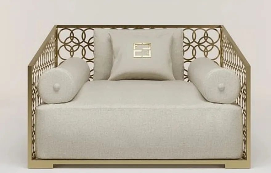 Casa Padrino Luxus Sessel Elfenbeinfarben / Champagner-Gold 135 x 109 cm - Handgefertigter Sessel mit Kissen - Wohnzimmer Sessel - Garten Sessel - Terrassen Sessel - Hotel Möbel - Luxus Qualität