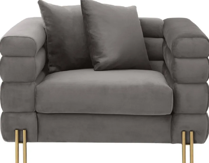 Casa Padrino Luxus Sessel Grau / Messingfarben 109 x 97 x H. 68 cm - Wohnzimmer Sessel mit edlem Samtstoff - Luxus Möbel
