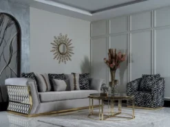 Casa Padrino Luxus Sessel Grau / Schwarz / Gold - Eleganter Wohnzimmer Sessel mit Muster und dekorativem Kissen - Luxus Wohnzimmer Möbel