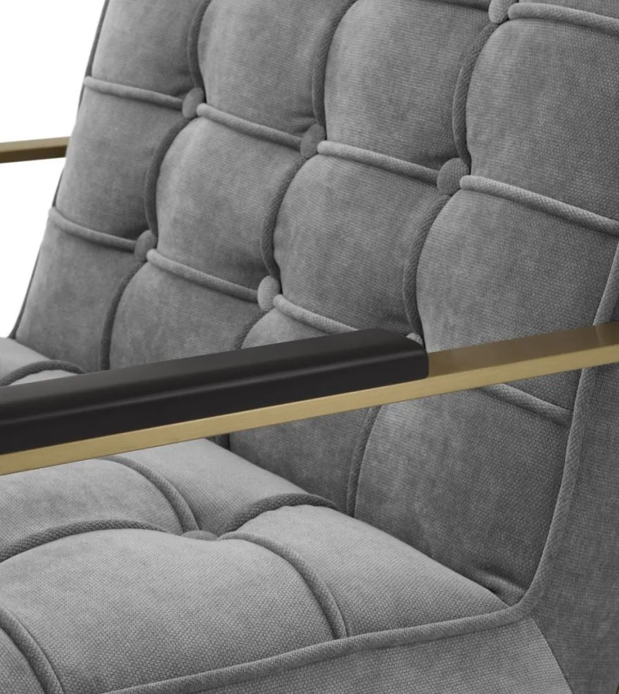 Casa Padrino Luxus Sessel Grau / Messingfarben / Schwarz 70,5 x 80,5 x H. 75 cm - Wohnzimmer Sessel mit Edelstahl Gestell - Luxus Wohnzimmer Möbel