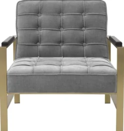 Casa Padrino Luxus Sessel Grau / Messingfarben / Schwarz 70,5 x 80,5 x H. 75 cm - Wohnzimmer Sessel mit Edelstahl Gestell - Luxus Wohnzimmer Möbel
