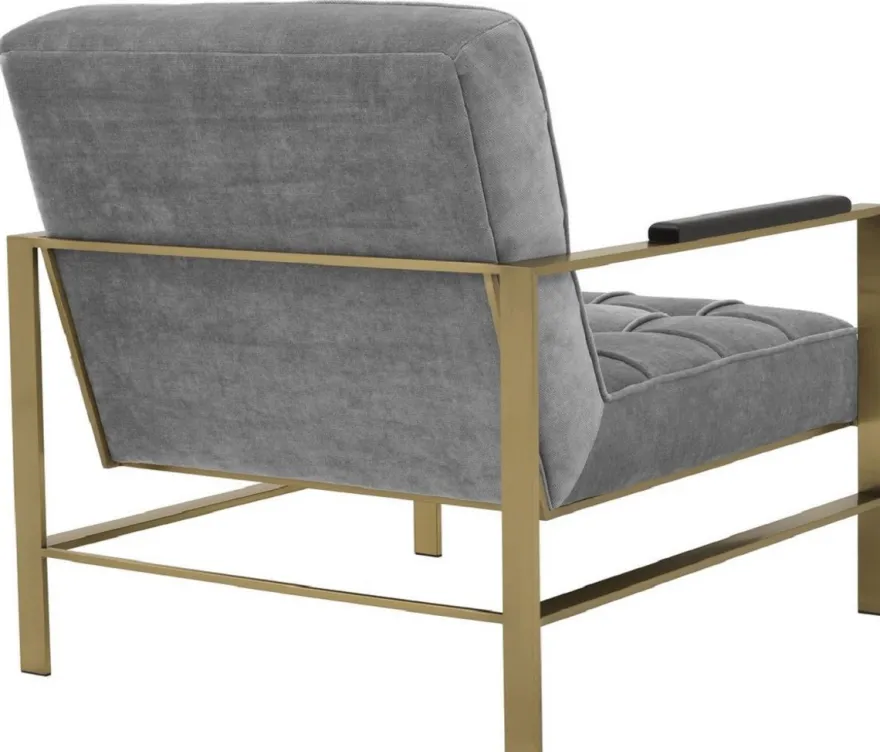 Casa Padrino Luxus Sessel Grau / Messingfarben / Schwarz 70,5 x 80,5 x H. 75 cm - Wohnzimmer Sessel mit Edelstahl Gestell - Luxus Wohnzimmer Möbel