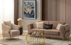 Casa Padrino Luxus Sessel Hellbraun / Gold 87 x 83 x H. 75 cm - Wohnzimmer Sessel - Hotel Sessel - Wohnzimmer Möbel - Hotel Möbel - Luxus Möbel - Wohnzimmer Einrichtung - Luxus Einrichtung