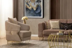 Casa Padrino Luxus Sessel Hellbraun / Gold 87 x 83 x H. 75 cm - Wohnzimmer Sessel - Hotel Sessel - Wohnzimmer Möbel - Hotel Möbel - Luxus Möbel - Wohnzimmer Einrichtung - Luxus Einrichtung