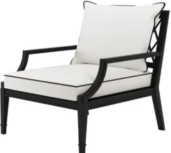 Casa Padrino Luxus Sessel mit Kissen Mattschwarz / Weiß 68,5 x 80 x H. 79 cm - Sessel aus hochwertigen strapazierbarem Aluminium - Wohnzimmermöbel - Gartenmöbel - Gastronomie Möbel