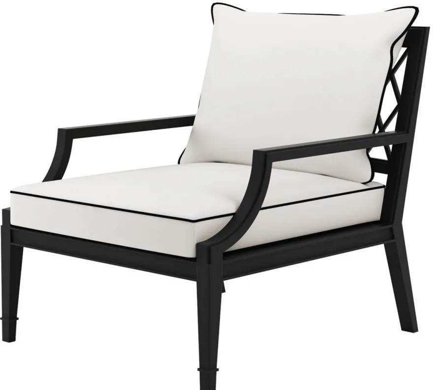 Casa Padrino Luxus Sessel mit Kissen Mattschwarz / Weiß 68,5 x 80 x H. 79 cm - Sessel aus hochwertigen strapazierbarem Aluminium - Wohnzimmermöbel - Gartenmöbel - Gastronomie Möbel