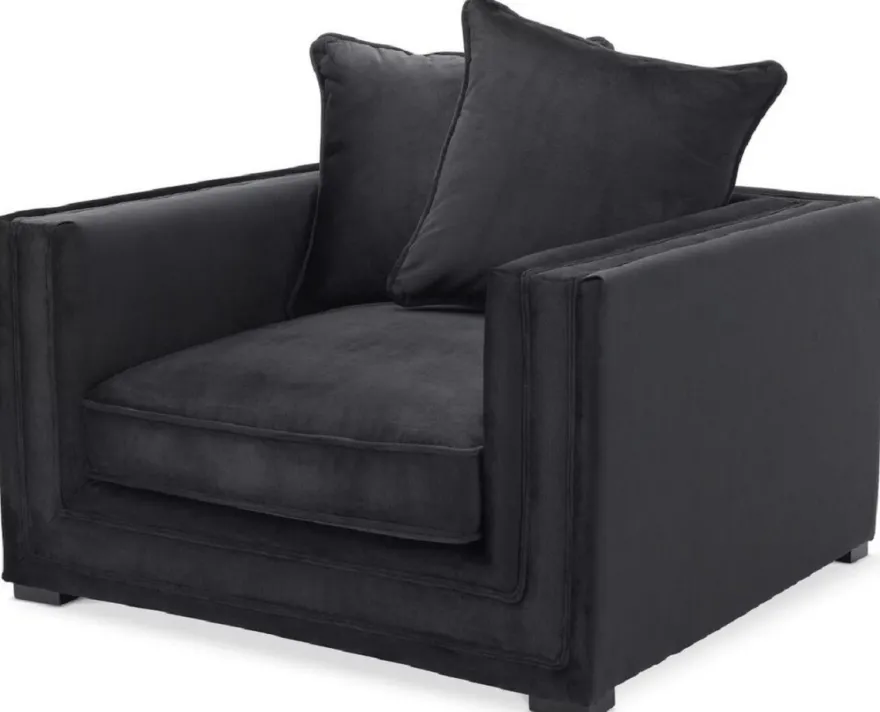 Casa Padrino Luxus Sessel mit 2 Kissen Schwarz 112 x 106 x H. 83 cm - Wohnzimmer Sessel - Hotel Sessel - Wohnzimmer Möbel - Hotel Möbel - Luxus Möbel - Wohnzimmer Einrichtung - Luxus Einrichtung