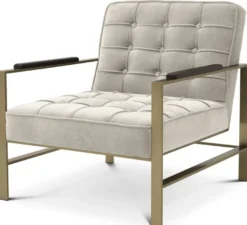 Casa Padrino Luxus Sessel Sandfarben / Messing / Schwarz 70,5 x 80,5 x H. 75 cm - Wohnzimmer Sessel mit Edelstahl Gestell - Luxus Wohnzimmer Möbel