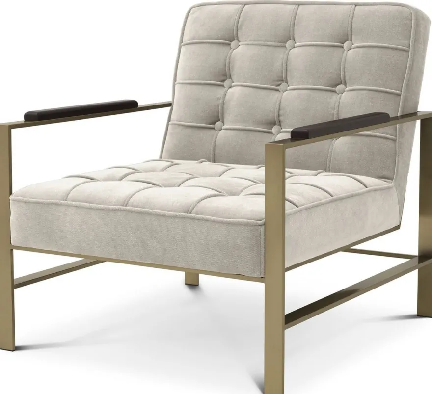 Casa Padrino Luxus Sessel Sandfarben / Messing / Schwarz 70,5 x 80,5 x H. 75 cm - Wohnzimmer Sessel mit Edelstahl Gestell - Luxus Wohnzimmer Möbel