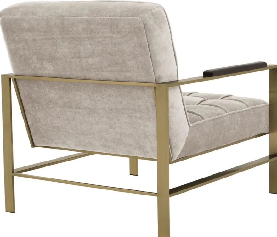 Casa Padrino Luxus Sessel Sandfarben / Messing / Schwarz 70,5 x 80,5 x H. 75 cm - Wohnzimmer Sessel mit Edelstahl Gestell - Luxus Wohnzimmer Möbel