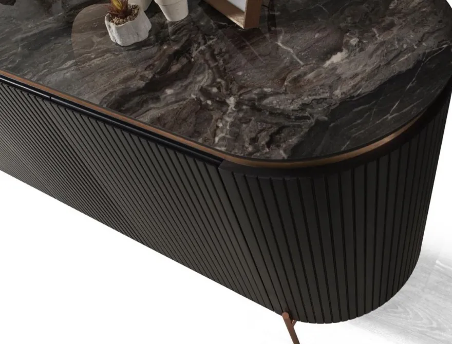 Casa Padrino Luxus Sideboard Schwarz / Kupferfarben 208 x 60 x H. 80 cm - Edler Schrank mit 4 Türen - Luxus Möbel