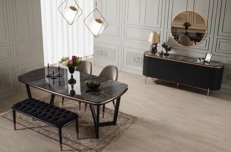Casa Padrino Luxus Sideboard Schwarz / Kupferfarben 208 x 60 x H. 80 cm - Edler Schrank mit 4 Türen - Luxus Möbel
