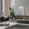 Casa Padrino Luxus Sideboard mit 4 verspiegelten Türen Schwarz / Silber 208 x 49 x H. 88 cm - Luxus Wohnzimmer Möbel