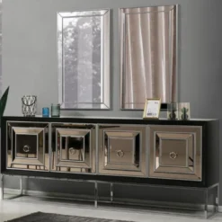 Casa Padrino Luxus Sideboard mit 4 verspiegelten Türen Schwarz / Silber 208 x 49 x H. 88 cm - Luxus Wohnzimmer Möbel