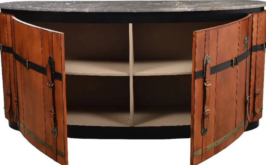 Casa Padrino Luxus Sideboard Braun / Schwarz / Grau / Messing 184 x 48 x H. 87 cm - Gebogener Massivholz Schrank mit 2 Türen und Marmorplatte - Wohnzimmer Möbel - Luxus Möbel