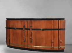 Casa Padrino Luxus Sideboard Braun / Schwarz / Grau / Messing 184 x 48 x H. 87 cm - Gebogener Massivholz Schrank mit 2 Türen und Marmorplatte - Wohnzimmer Möbel - Luxus Möbel