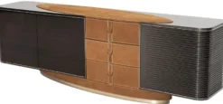 Casa Padrino Luxus Sideboard Hellbraun / Dunkelbraun / Grau / Gold 249 x 52,5 x H. 76 cm - Massivholz Schrank mit 3 Türen und 3 Schubladen - Luxus Möbel - Hotel Möbel - Luxus Einrichtung