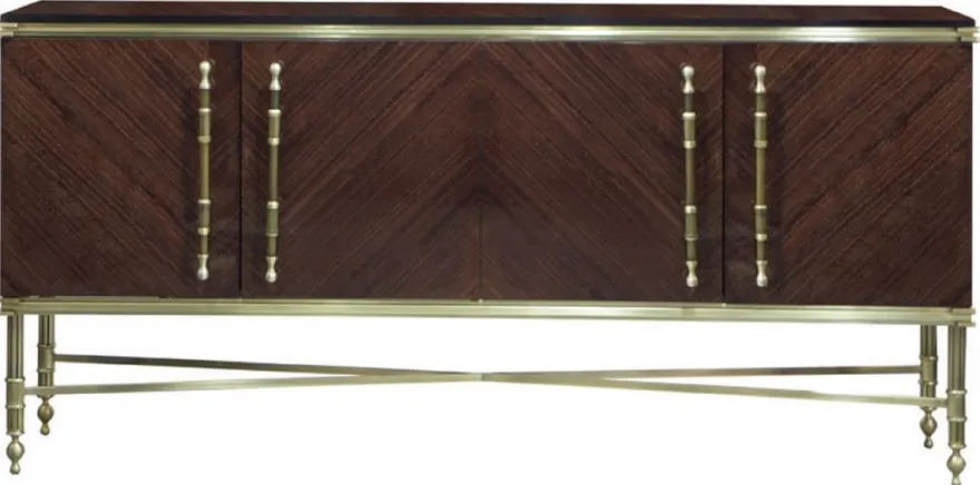 Casa Padrino Luxus Sideboard Dunkelbraun Hochglanz / Matt Gold 222 x 52 x H. 100 cm - Edler Massivholz Schrank mit 4 Türen - Luxus Möbel - Luxus Einrichtung